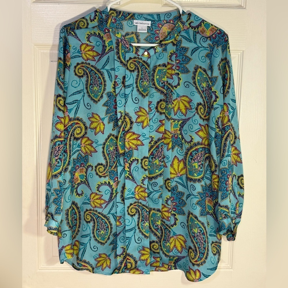 LIZ‎ CLAIBORNE TEAL/AQUA/PINK/YELLOW PAISLEY HIDDEN BUTTON TUNIC TOP SIZE L